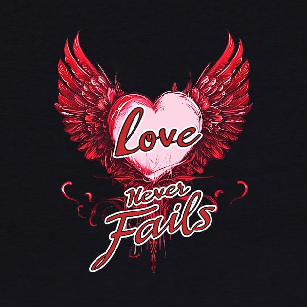 Red Love Never Fails T-Shirt - Vintage Winged Heart Painting by YUED